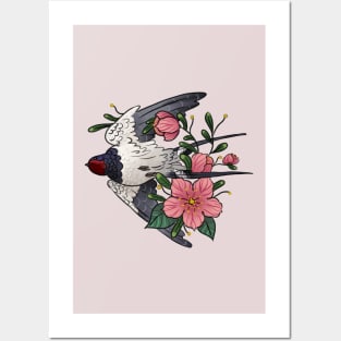 Swallow flying with flowers Posters and Art